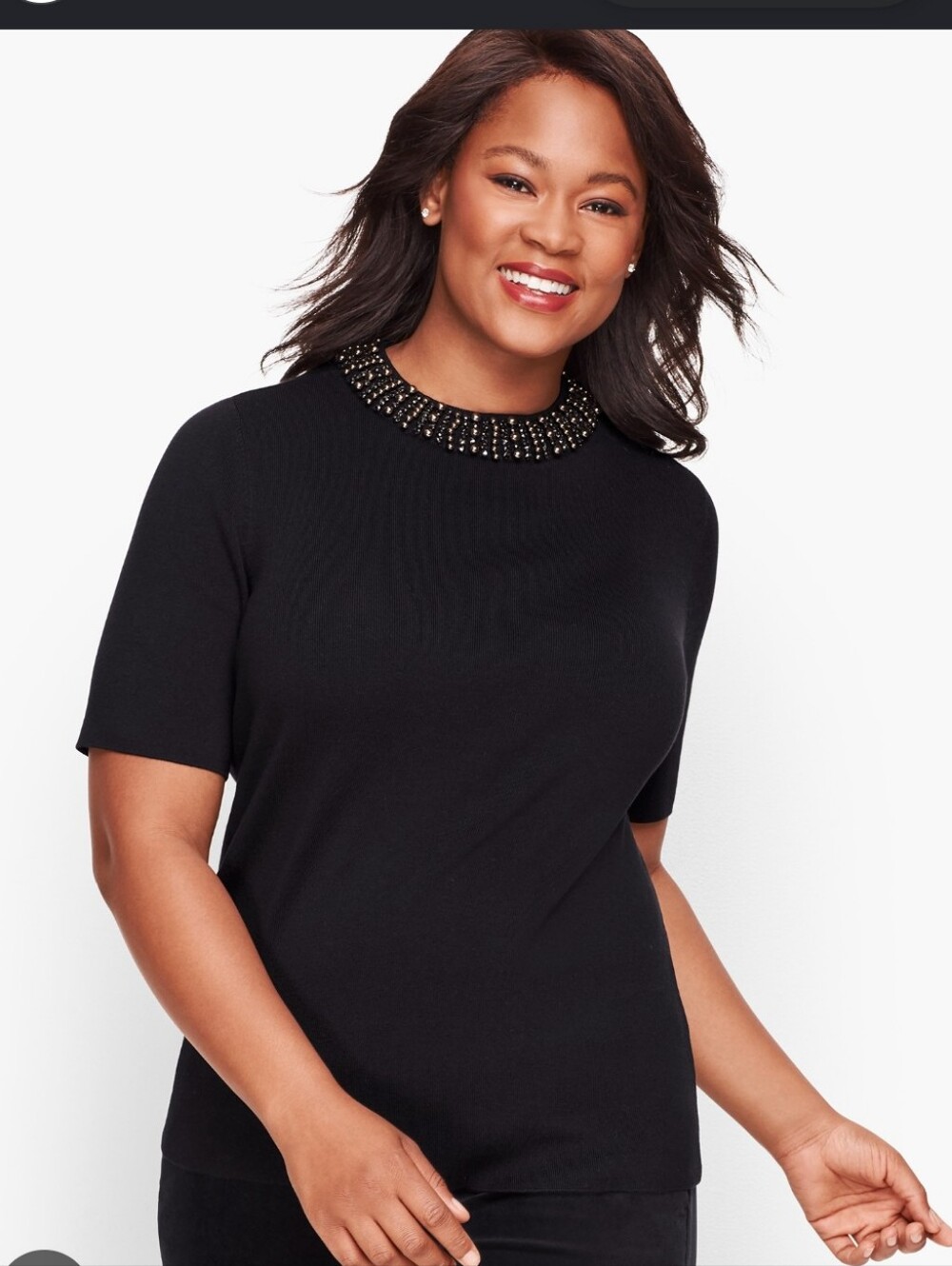 XL Knit Talbots Black Short-Sleeve Top with Beaded Crewneck Cotton Blend